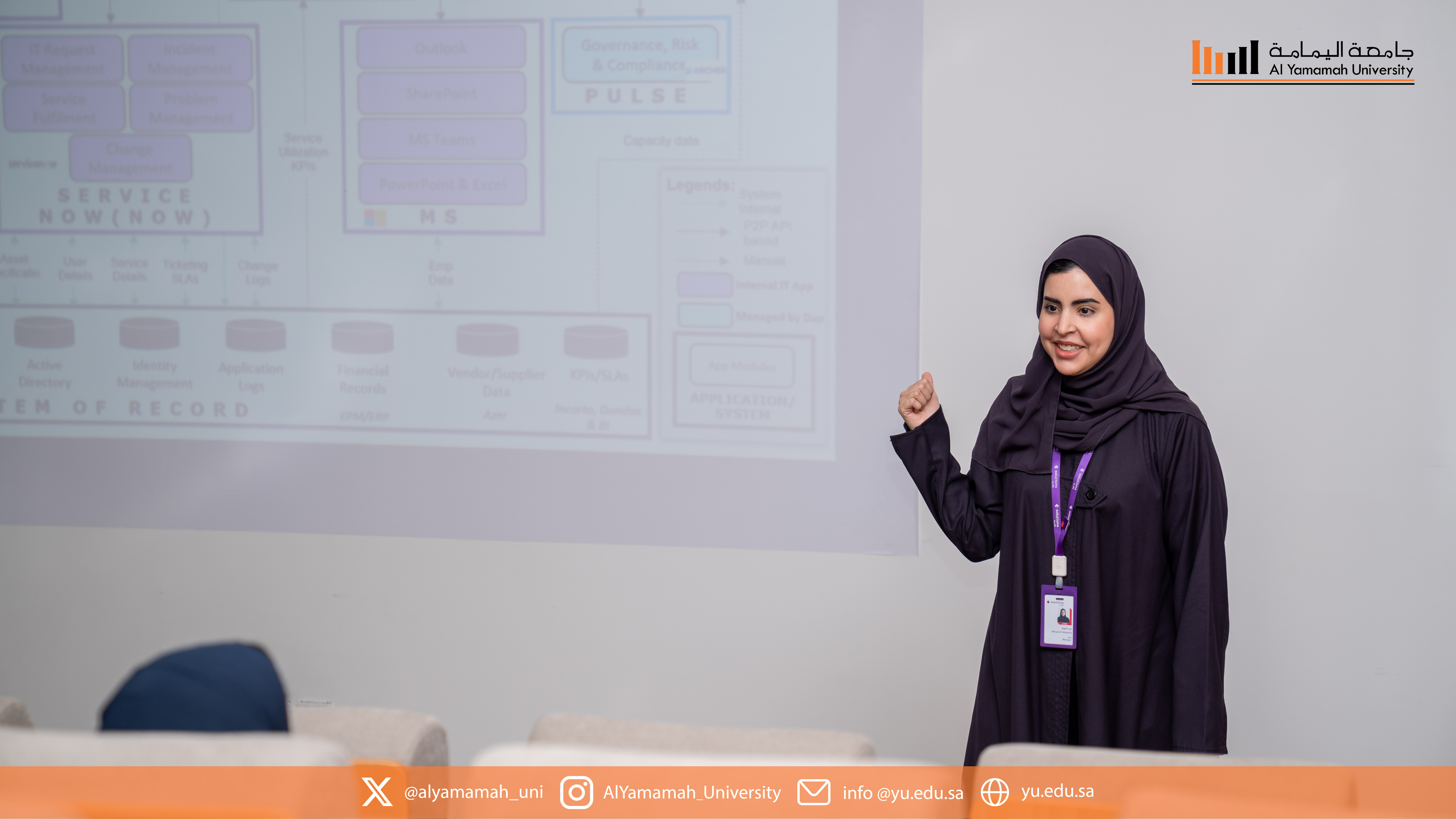 Maryam Al-Dhewalia gesturing towards an Enterprise Architecture diagram during the talk